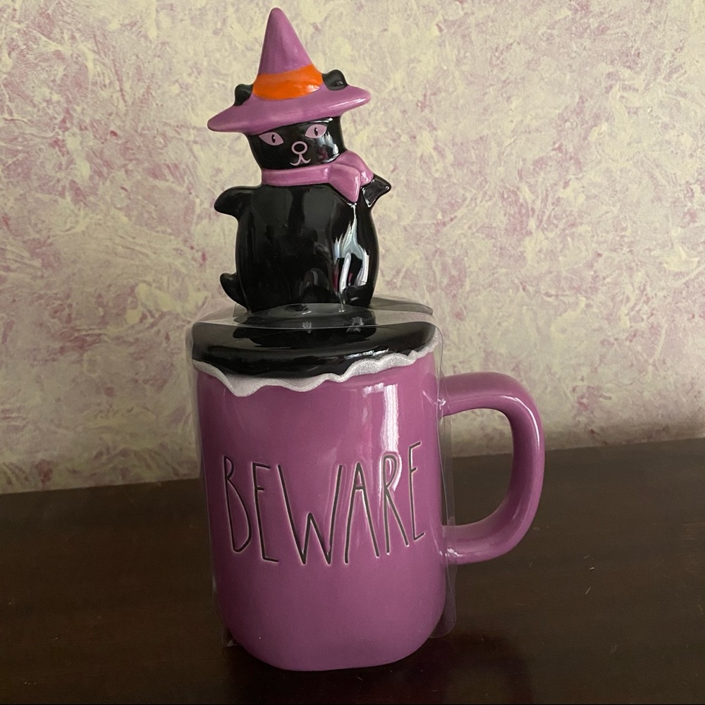 Rae Dunn Halloween BEWARE Mug Cat Witch Topper